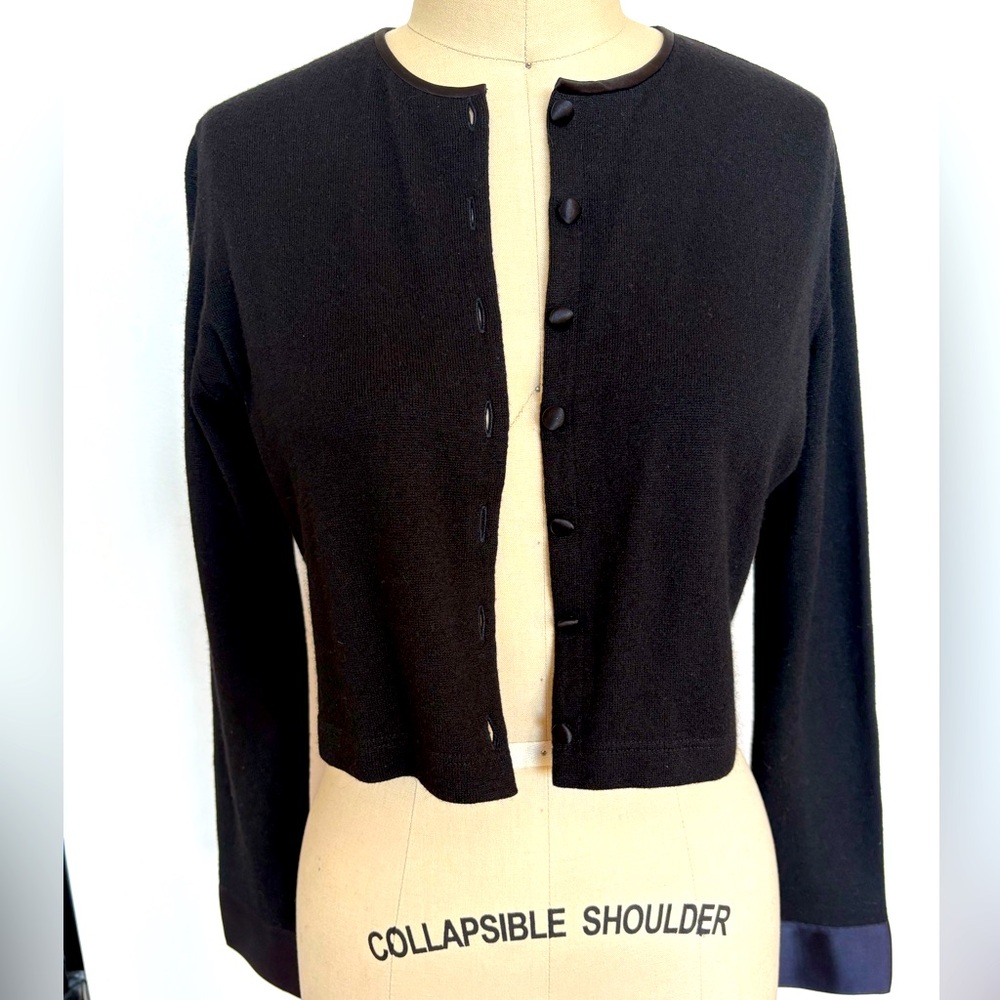Black 100% Cashmere Wool Cropped Cardigan Sweater w/ Satin Accents, Size 8